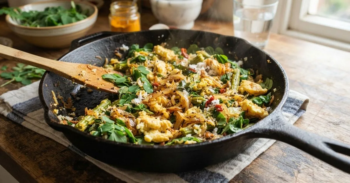 Refogado de moringa com ovos, gengibre e coco é simples de preparar