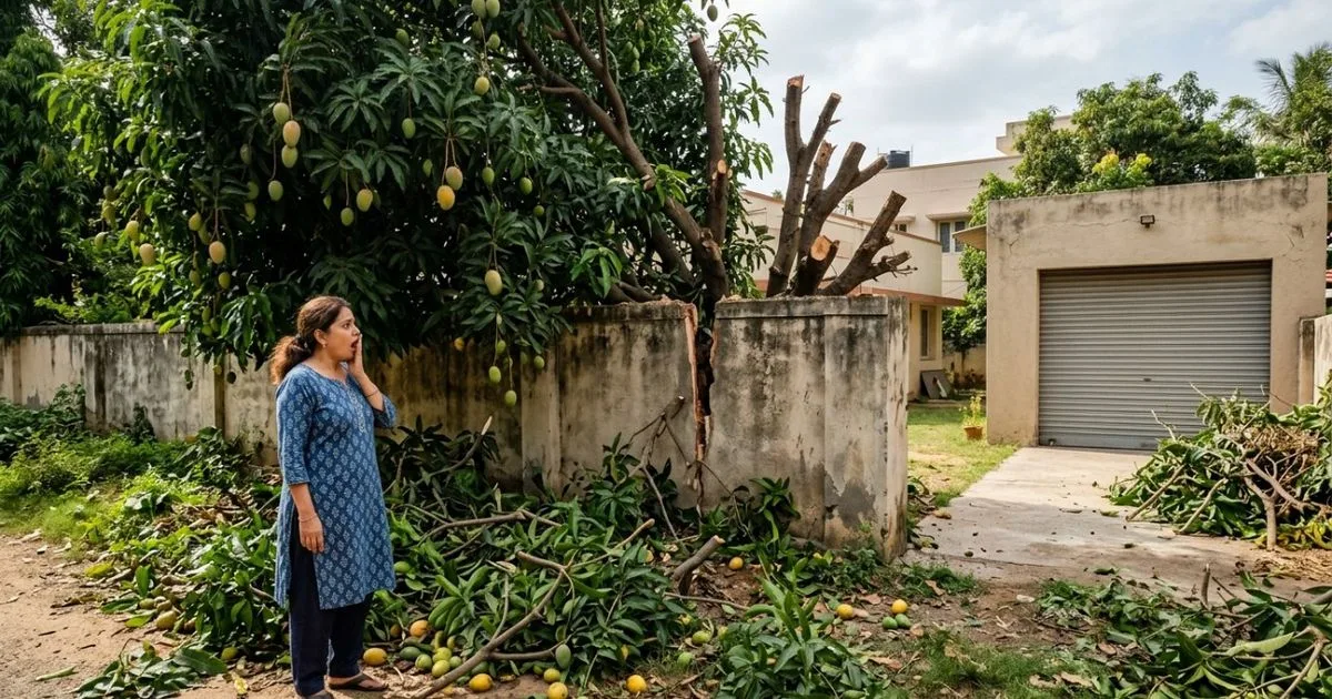 Poda de mangueira após anos de crescimento provoca conflito entre vizinhos