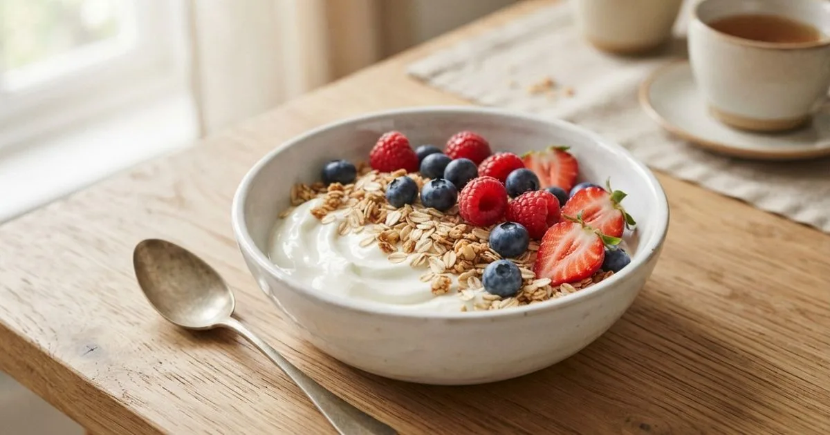 Café da manhã sem fogão combina iogurte, aveia e frutas frescas