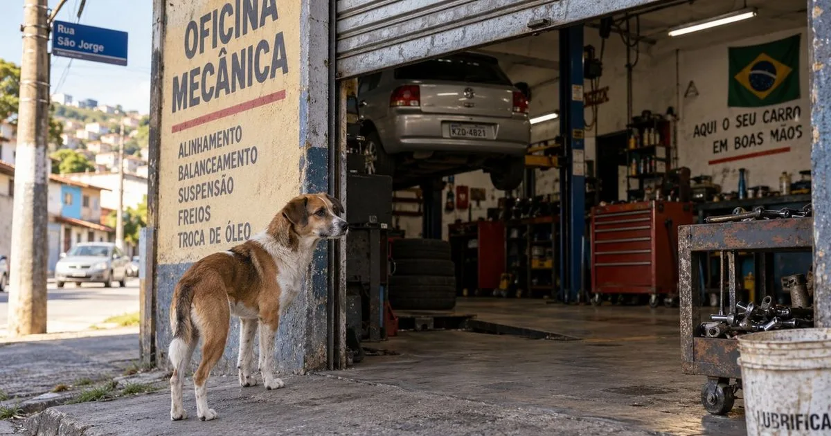 Cão reencontra antiga rotina ao seguir até oficina onde acompanhava o tutor