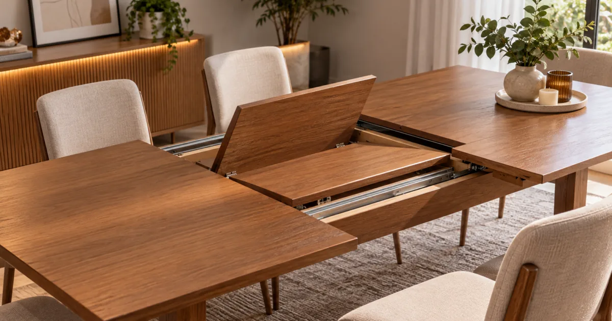 Mesa extensível usa trilhos e dobradiças para ampliar o tampo