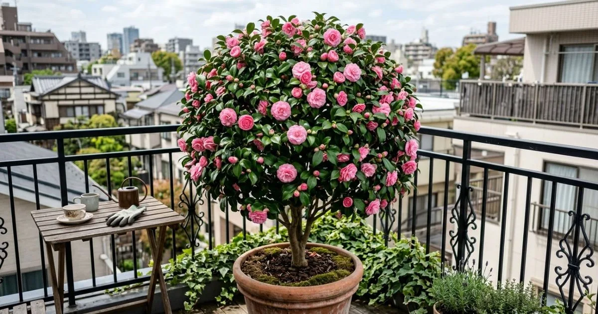 Camélia-japonesa combina folhagem permanente e flores em vasos