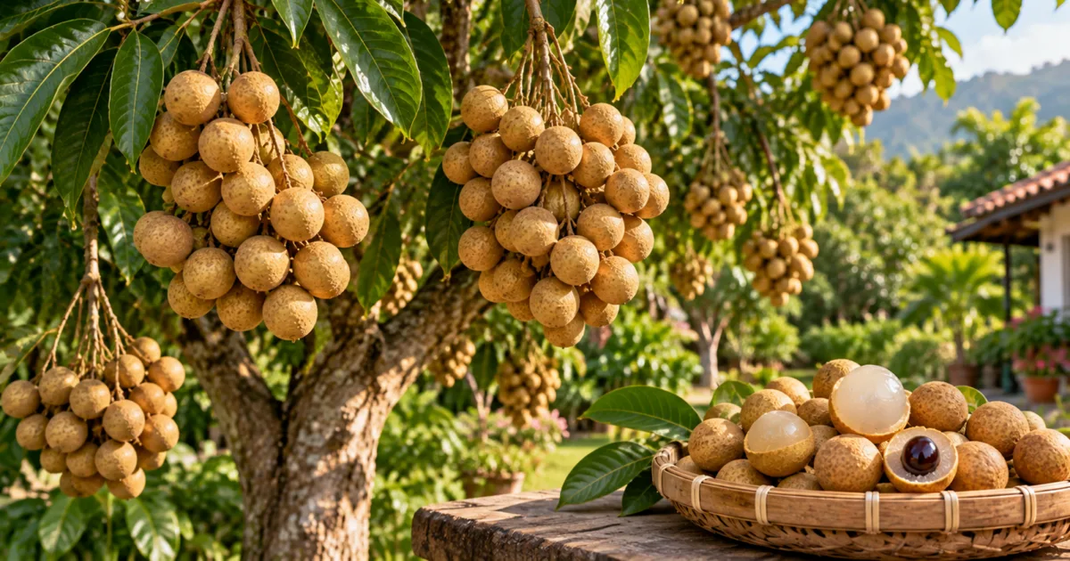 Longan chama atenção pelos cachos de frutos e pela copa densa