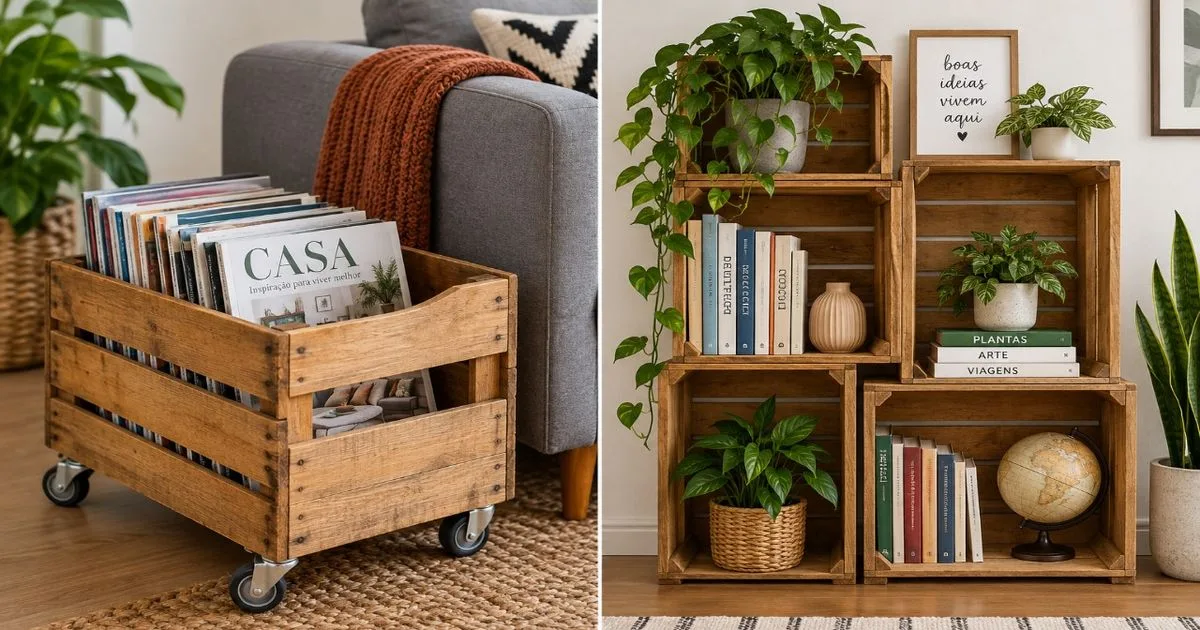 Caixote de feira pode virar estante modular ou revisteiro com rodinhas