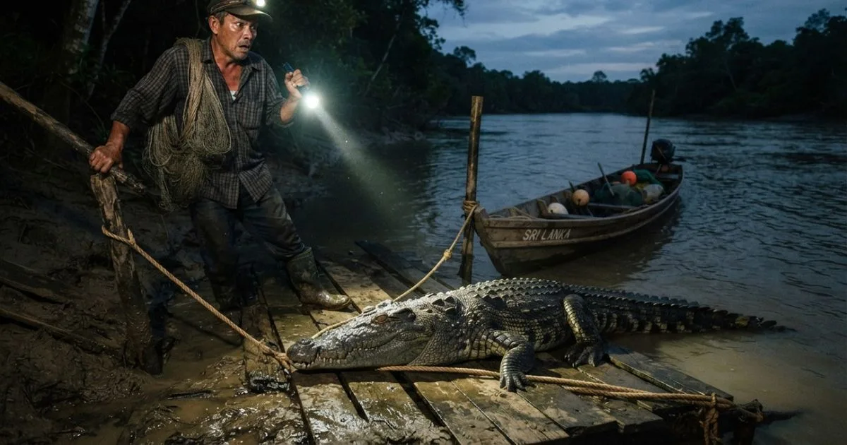 Pescador encontra crocodilo sobre a corda do barco antes do amanhecer