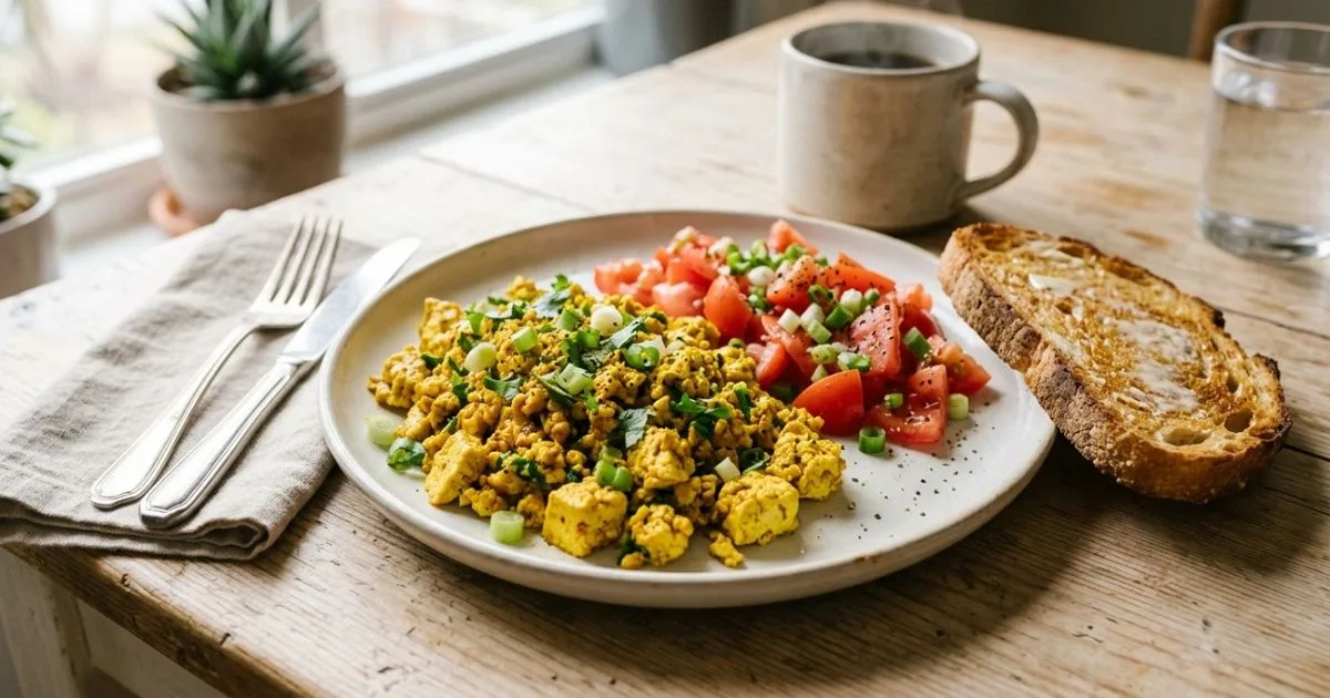 Tofu mexido com cúrcuma e legumes fica pronto em uma frigideira