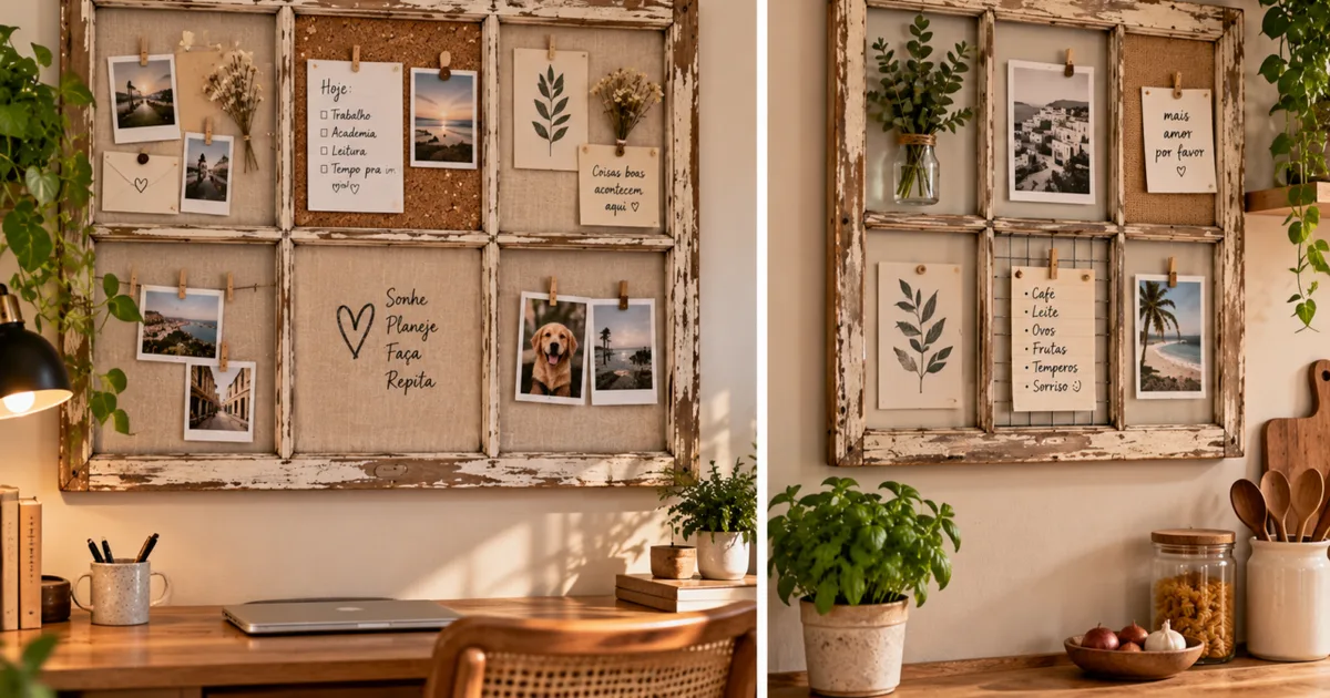 Moldura de janela antiga vira quadro de avisos com estilo vintage