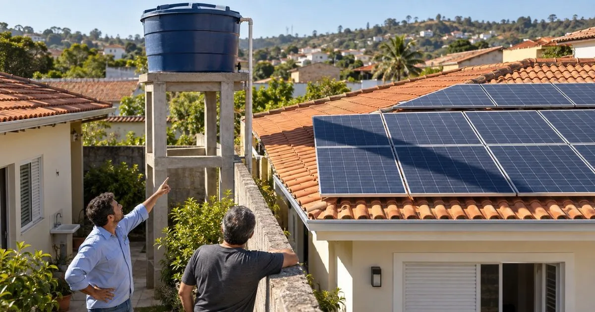 Caixa-d’água muda de lugar após sombra afetar painéis solares do vizinho