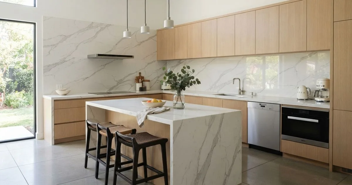 Superfície contínua que imita mármore combina variedade visual e manutenção simples