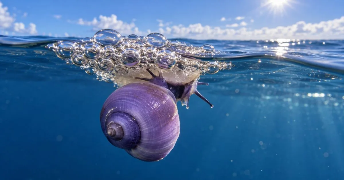 Caracóis violetas vivem na superfície do oceano com jangadas de bolhas