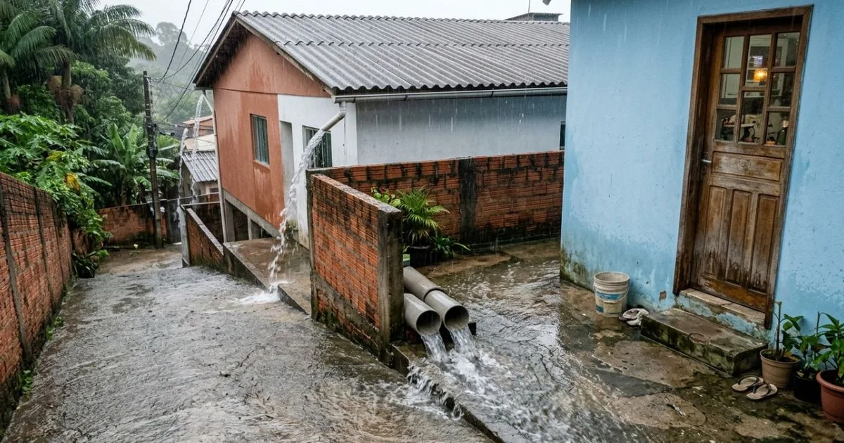 Obra muda escoamento da chuva e causa alagamento no quintal vizinho