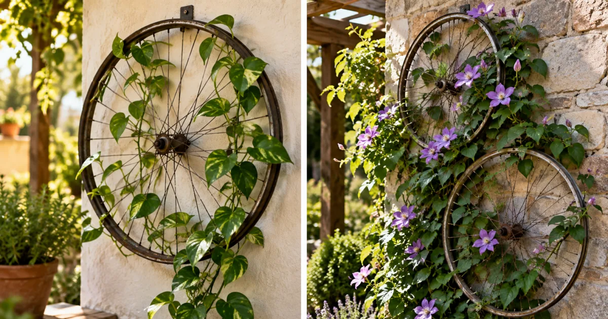 Roda de bicicleta vira suporte vertical para trepadeiras no jardim