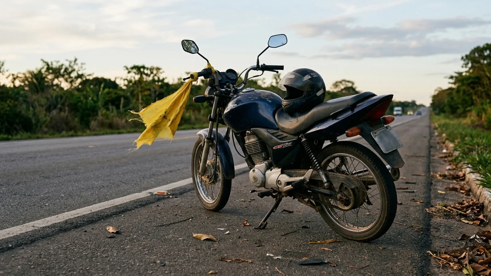 Pano amarelo em moto parada pode indicar pedido informal de ajuda