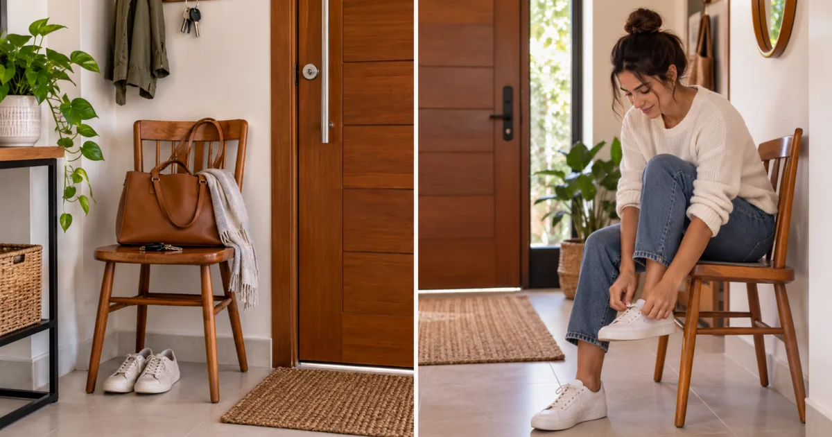 Cadeira perto da porta organiza tarefas e revela hábitos da casa