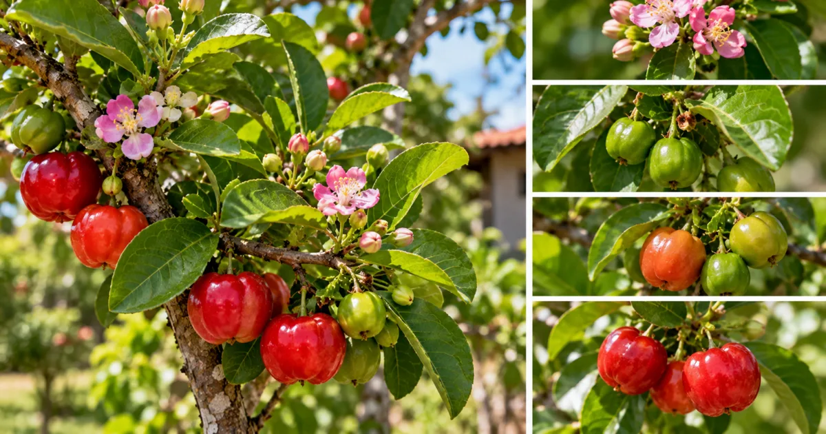 Aceroleira mantém flores e frutos em etapas diferentes na mesma planta
