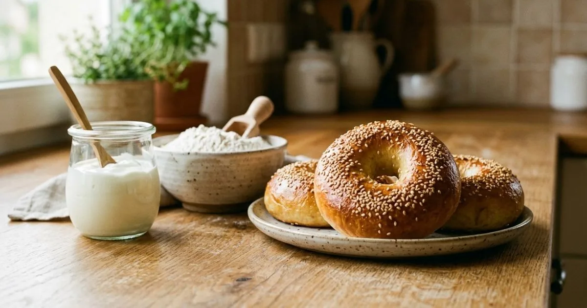 Bagels rápidos levam farinha com fermento, iogurte e banho em água quente