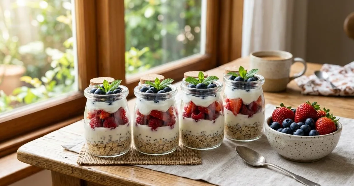 Camadas de aveia e frutas vermelhas reúnem proteína e fibras no café da manhã