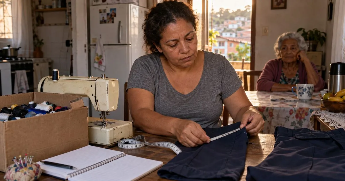 Após perder o emprego, Lúcia transforma ajustes de roupas em oficina