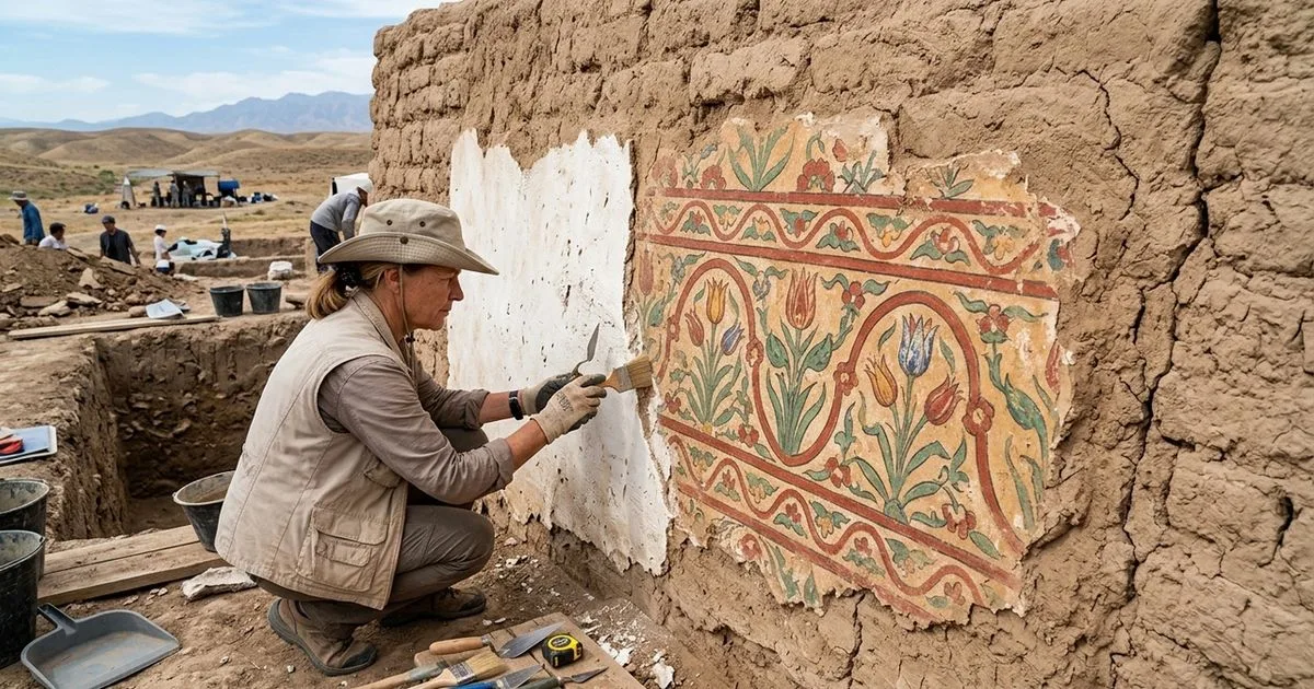 Cal branca ocultou pintura com flores por cerca de 1.500 anos em Boburtepa